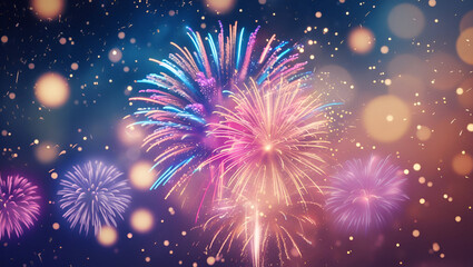 Fototapeta premium Vibrant multicolored fireworks exploding ai genrative