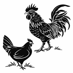Rooster and Hen Silhouettes: Black & White Farm Animal Vector Graphic.