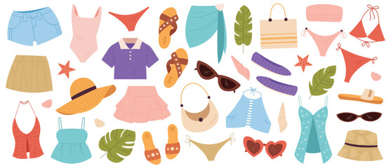 Set of summer clothing in soft bright colors and minimalist flat style. Includes dresses, hats, swimsuits, tops, skirts, sunglasses and sandals. No outlines. Perfect for fashion, summer and vacation