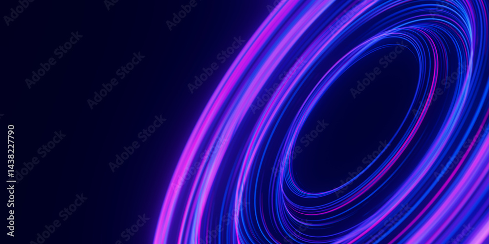 Poster Closeup of circular data light speed flow. Abstract round digital data stream of quantum computing. Cyberspace of qubit trail waves with DOF. Modern tech information transmission.