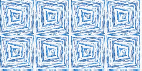 Geometric indigo shape seamless border. Irregular hand drawn batik texture for banner. Imperfect blue acid bleed swatch. 