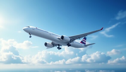 Commercial airplane flying through blue sky.