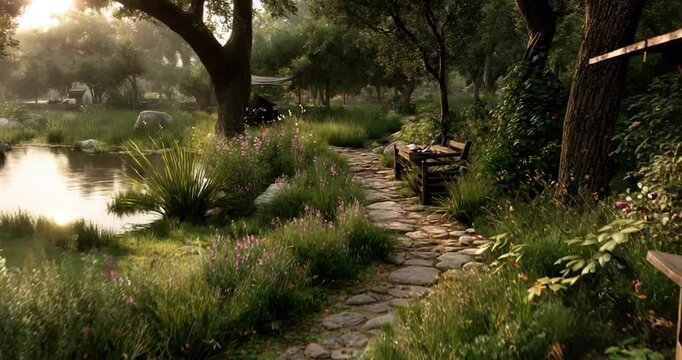 Stone path through lush garden