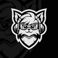 Fox mascot esport logo design, black white