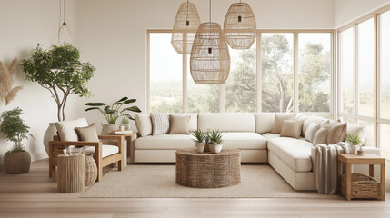 Stylish living room with natural decor elements.