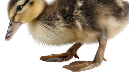 Fototapeta premium A cute duckling walking on a white background, full of life. transparent background
