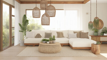 Modern living room with natural decor elements.