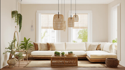 Cozy and modern living room with natural decor