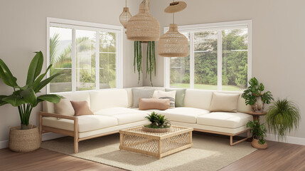 Cozy modern living room with natural decor.