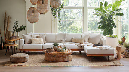 Cozy and modern living room with plants.