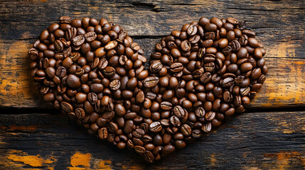 Heart Shaped Coffee Beans on Rustic Wooden Background