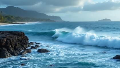 Majestic ocean waves crashing on rocky shore