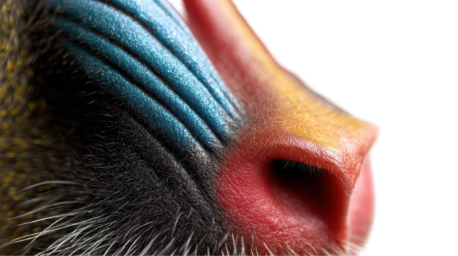Close-up of a colorful mandrill's face with vibrant features. transparent background