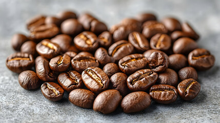 Naklejka premium Heart Shaped Pile of Roasted Brown Coffee Beans on Gray Surface