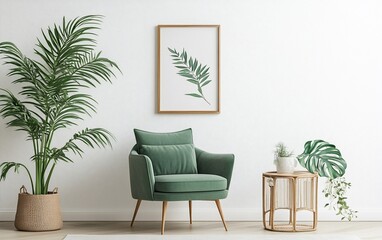 Fototapeta premium Cozy green armchair, plants, and artwork against white wall