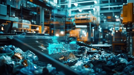 Fototapeta premium Automated waste sorting facility with augmented reality. Sorting plastic waste, using digital data overlays to identify different materials. High-tech recycling process