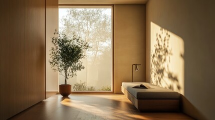 Serene Minimalist Interior Design: Sunlight Illuminates a Tranquil Room