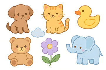Fototapeta premium Charming Collection: An endearing collection of cute, friendly cartoon characters including a dog, cat, duck, teddy bear, flower and elephant. A cheerful composition.