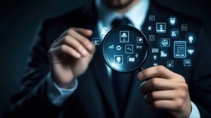 Businessman analyzes data icons, magnifying digital cloud storage