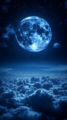 Ethereal view of a celestial sphere floating over fluffy clouds bathed in blue light against a starry expanse