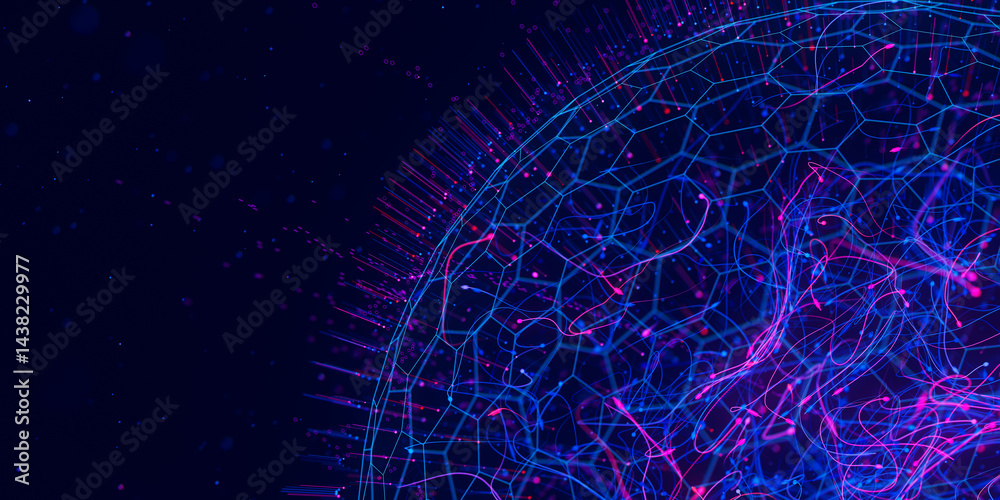Poster Abstract closeup macro of quantum computing qubit spherical cell. Subatomic patterns of cyber AI intelligence. Futuristic technology concept. With place for text.
