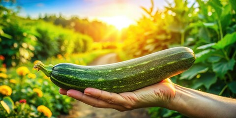Panoramic Photo: Fresh Green Zucchini Harvest, Hand Holding Summer Vegetable, Farm to Table, Organic Produce