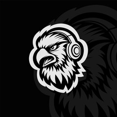 Eagle with headset, mascot esport logo design, black white
