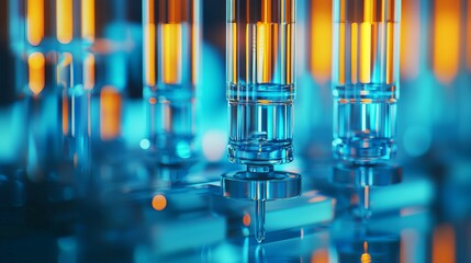 Close up of glass cylinders with liquid inside on a blue and orange illuminated background scene