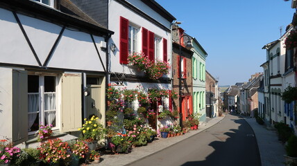 Vue sur la pittoresque rue des Moulins à Saint Valery sur Somme dans la baie de Somme, en Picardie / Hauts-de-France, avec ses charmantes petites maisons couvertes de fleurs (France)
