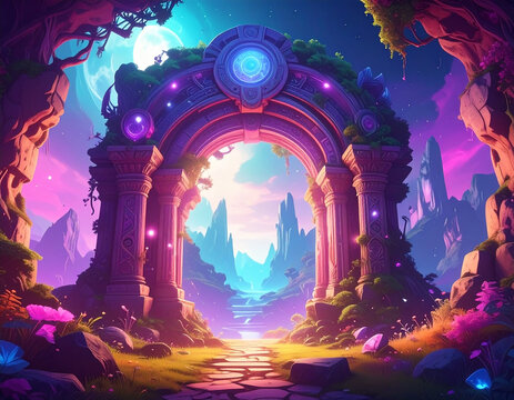 Mystical ancient portal with luminous stones. Epic arch gate. Fantasy mountains and starlit sky.