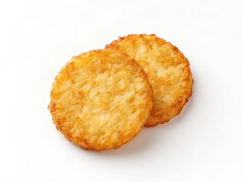 American Breakfast, Crispy golden hash brown patties on a white background.
