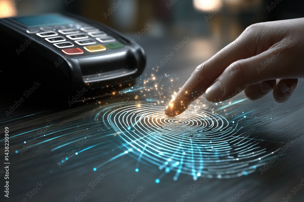 Leinwandbilder Touchless Payment System Demonstrating Hand Scan Technology With Glowing Animation in a Modern Retail Setting