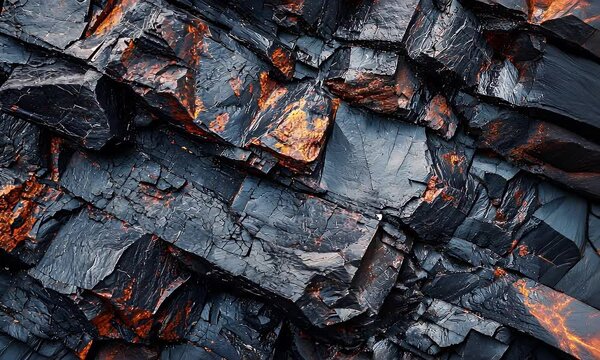 Full Frame Shot of Black Stones Formations Displaying Rugged Texture Layers and Mineral Deposits in Detailed Close Up