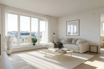 Fototapeta premium Bright living room interior with large window and white poster on the wall
