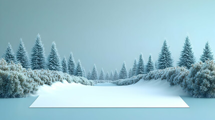 Snowy winter forest scene white surface in foreground serene pale blue snowy evergreens in distance