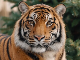 Fototapeta premium Bengal tiger sitting in mid forest scene with direct eye contact and balanced body posture illuminated by daylight reflecting dominance and quiet authority in wildlife jungle image