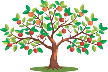 A colorful vector art illustration depicting a neatly pruned fruit tree, showcasing vibrant fruits and lush green leaves in a stylized design.