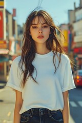 Attractive young woman in a simple white t-shirt and jeans.