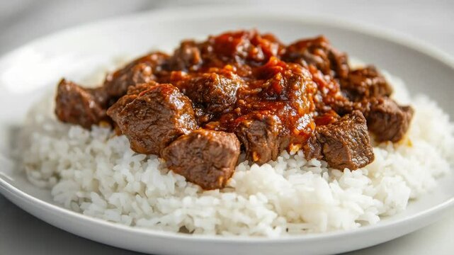 Close-up of spicy beef and rice meal with tomato sauce, possibly a Chinese dish.