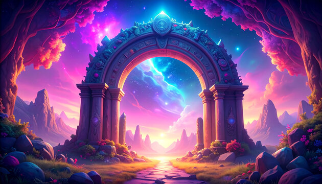 Mystical ancient portal with luminous stones. Epic arch gate. Fantasy mountains and starlit sky.