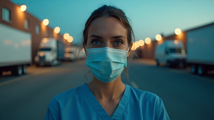 Exhausted Nurse at Dawn – Portrait of Frontline Hero in Hospital Parking Lot with Mask Marks and Early Morning Light, International Nurses Day concept