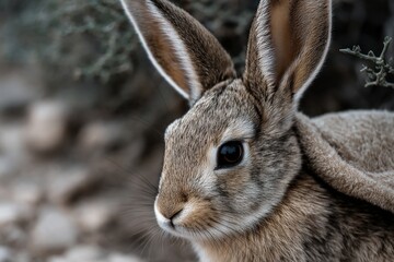 Fototapeta premium Wild rabbit sitting among dry forest terrain in camouflage posture with visible fur detail and natural light creating harmony between animal and earthy habitat scene