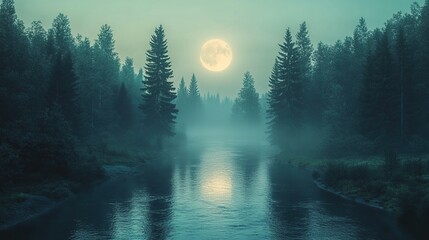 Misty forest river at night with full moon