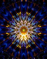 Obraz premium a mesmerizing kaleidoscope of Bluebells flower petals arranged in fractal symmetry, glowing softly against a deep indigo void, subtle prism refractions, created b y generative ai