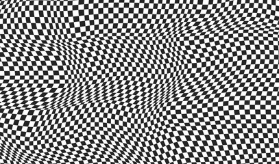 Optical illusion distorted pattern. Checkerboard abstract warped effect background. Y2k wavy design for banner. Black and white psychedelic print. Vector illustration