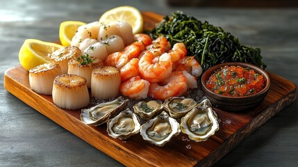 Fresh seafood platter with scallops, shrimp, oysters, seaweed, and red caviar