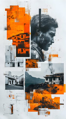 Abstract collage featuring a mans portrait buildings and a landscape with orange and monochrome tones