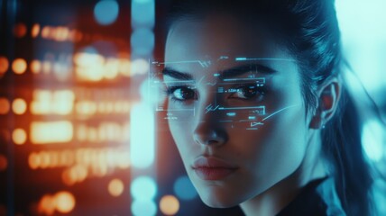 A under 200 characters: A woman with futuristic digital interface graphics over her eyes, surrounded by glowing technology and data screens in a high-tech environment.