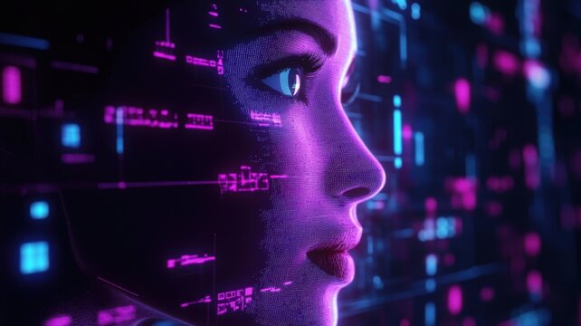 A digital female face with glowing neon lines and futuristic data interfaces, symbolizing artificial intelligence and technology. - Powered by Adobe