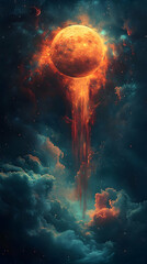 An orange planet with a tail of fire hangs over a cloudy blue nebula in this cosmic vertical fantasy scene